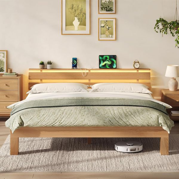 Naturfarbenes Buchenmassivholz-Bettgestell mit LED-beleuchtetem Kopfteil und USB-Ladestation, ohne Lattenrost, modernes Schlafmoebel 221,2 x 184,5 x 78 cm
