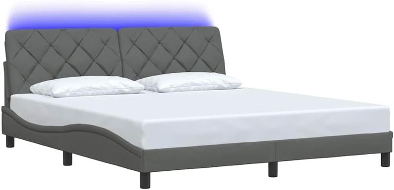 Dunkelgraues stoffbezogenes Doppelbettgestell mit integrierter LED-Beleuchtung, modernes Schlafmoebel ohne Matratze 180 x 200 cm