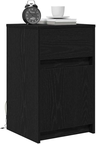 Zweiteiliges modernes Nachttisch-Set in Schwarz-Eichenoptik mit LED-Beleuchtung und Stauraum, platzsparende rechteckige Nachtkonsolen 38 x 34 x 61 cm