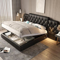 Schwarzes PU-Stauraum-Doppelbett im europaeischen Stil mit langem gepolstertem Kopfteil, hydraulischem Stauraum, USB-Anschluss und Leselampen ohne Matratze 160 x 200 cm