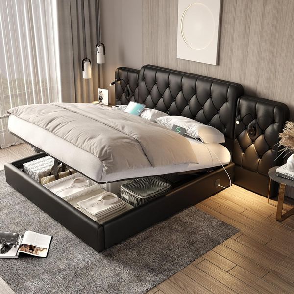 Schwarzes PU-Stauraum-Doppelbett im europaeischen Stil mit langem gepolstertem Kopfteil, hydraulischem Stauraum, USB-Anschluss und Leselampen ohne Matratze 160 x 200 cm