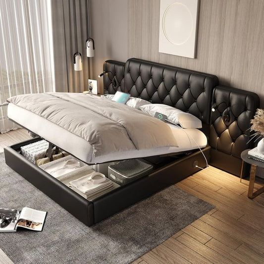Schwarzes PU-Stauraum-Doppelbett im europaeischen Stil mit langem gepolstertem Kopfteil, hydraulischem Stauraum, USB-Anschluss und Leselampen ohne Matratze 160 x 200 cm