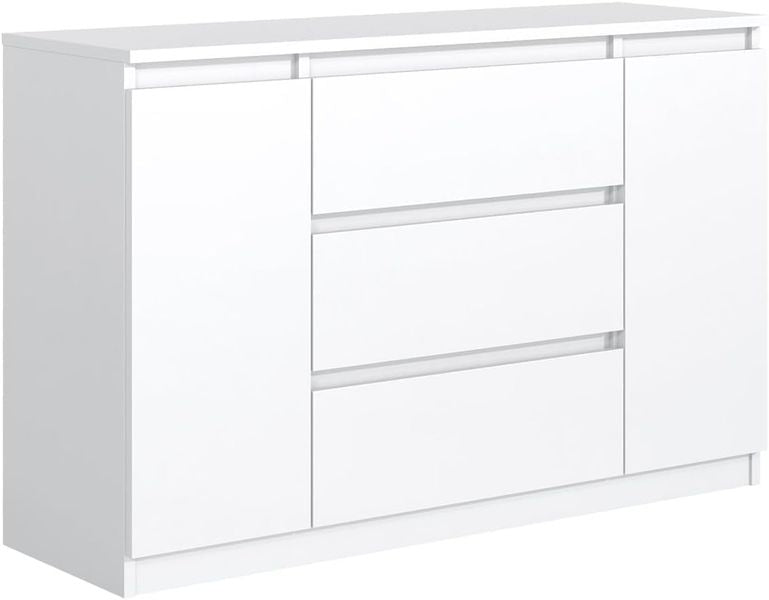 Geraeumige 140 cm Kommode in Weiss mit drei Schubladen und zwei Schranktueren, vielfaeltige Aufbewahrungsmoeglichkeiten