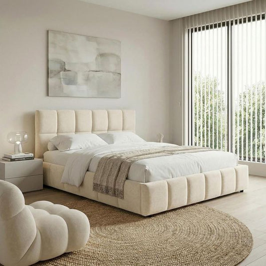 Letto matrimoniale imbottito in tessuto color crema con moderna trapuntatura, testiera imbottita e robusta rete a doghe, struttura stabile di alta qualita 180 x 200 cm