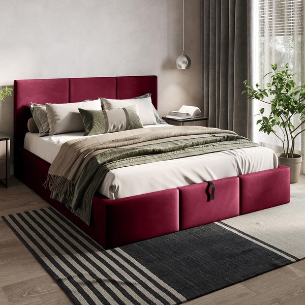 Modernes bordeauxrotes Samt-Polsterbett mit integriertem Stauraum, komfortables stilvolles Doppelbett 140 x 200 cm