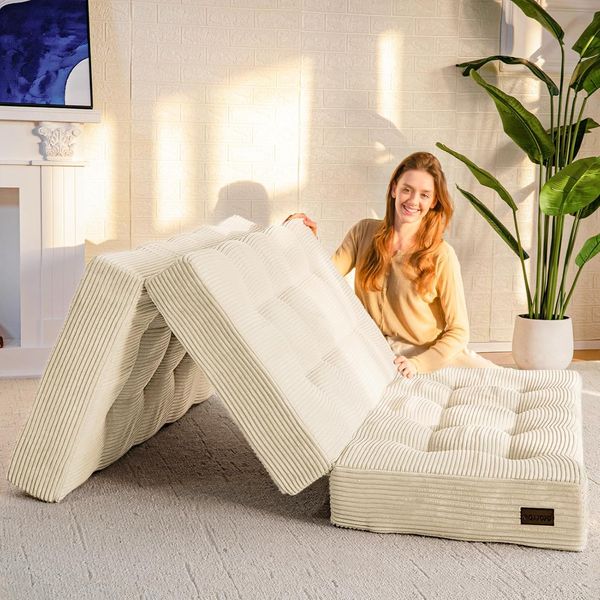 15 cm dicke faltbare Matratze aus hochwertigem Kordstoff, multifunktionale Auflage als Gaesteschlafsofa fuer flexible Nutzung