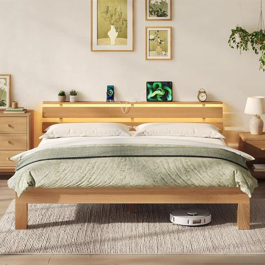 Struttura letto in massello di faggio naturale con testiera illuminata a LED e stazione di ricarica USB, senza rete a doghe, moderno mobile per il riposo 221,2 x 184,5 x 78 cm