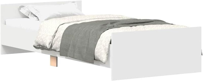 Weisses Einzelbett-Gestell aus robustem Holzwerkstoff mit Kopf- und Fussteil sowie integriertem Lattenrost, praktisches Gaestemoebel 90 x 200 cm