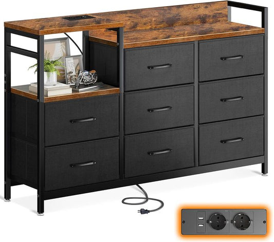 Moderne Aufbewahrungskommode mit acht flexiblen Stoffschubladen und integrierten USB-Anschluessen sowie Steckdosen