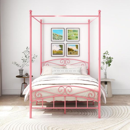 Elegantes rosafarbenes Metall-Himmelbett-Gestell mit Lattenrost, romantisches Ehe- und Doppelbett fuer individuelle Schlafraumgestaltung 120 x 200 cm