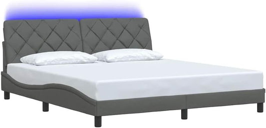Dunkelgraues stoffbezogenes Doppelbettgestell mit integrierter LED-Beleuchtung, modernes Schlafmoebel ohne Matratze 180 x 200 cm