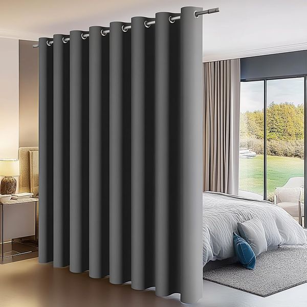 Blickdichter grauer Thermo-Verdunklungsvorhang mit oesen, als Raumteiler und Fensterdekoration fuer grosse Fenster und Balkontueren 244 x 305 cm