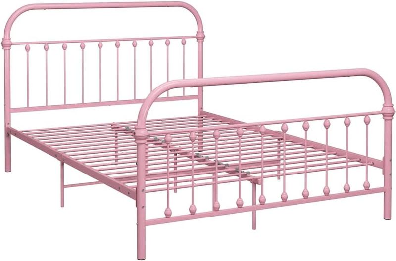Klassisches rosafarbenes Metall-Doppelbett mit stabilem Lattenrost, zeitloses robustes Ehebett-Gestell fuer Schlafraeume 120 x 200 cm