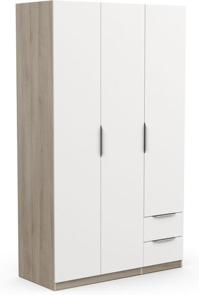 Zweitoeniger Kleiderschrank in Kronberg-Eiche und Mattweiss mit drei Tueren, zwei Schubladen, vier Faechern und Kleiderstange 119,4 x 51,1 x 203 cm