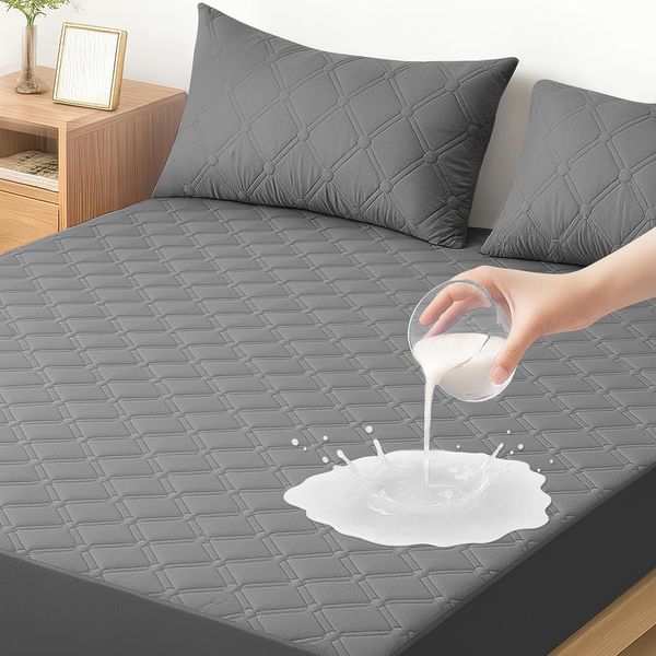 Grauer dehnbarer wasserdichter Matratzenschoner mit 30 cm Dehnreserve, milbenfest, rutschfest und waschbar, zuverlaessiger Naesseschutz 180 x 200 cm