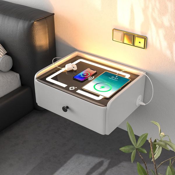 Modern smarter weisser Wandnachttisch mit Stauraumschublade, platzsparendes haengendes Regal fuer jugendliche und moderne Schlafraeume